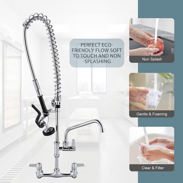 Commercial Triple Handle Wall Mount 36 in. Pull Down Sprayer Kitchen Faucet with Pre-Rinse Sprayer Solid Brass in Chrome