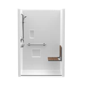Trench Drain 48 in. x 36 in. x 76-3/4 in. Shower Stall Right Teak Seat with Grab Bars and Shower Valve in White