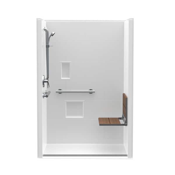 Aquatic Trench Drain 48 in. x 36 in. x 76-3/4 in. Shower Stall Right Teak Seat with Grab Bars and Shower Valve in White