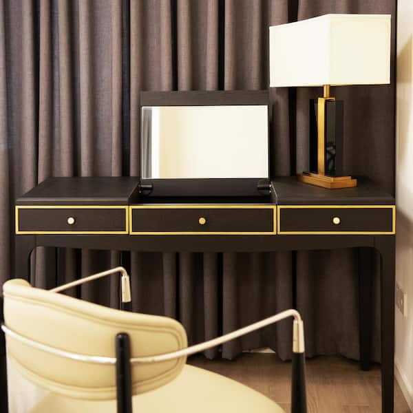 Kingsly 52 in. Wide Contemporary Glam Mirrored Vanity Desk, Espresso Black Birchwood & Veneer