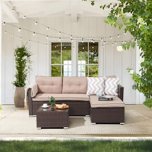 Joivi Grey 3-Piece Wicker Outdoor Sectional Set with Beige Cushions