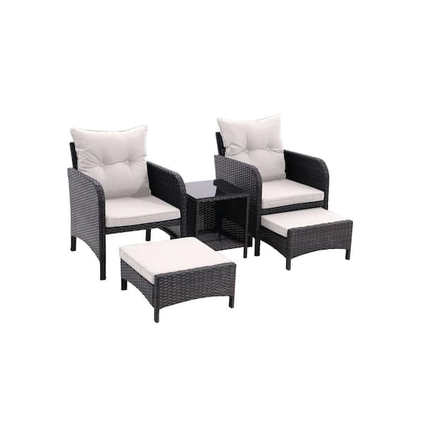 Unbranded 5-Piece Wicker Patio Conversation Set with Beige Cushions and Ottomans Storage Coffee Table Outdoor Rattan Chairs