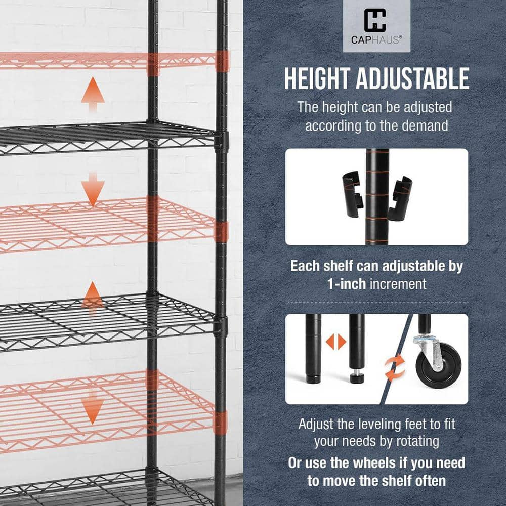 Black 5-Tier Adjustable Metal Wire Shelving Unit with Wheels