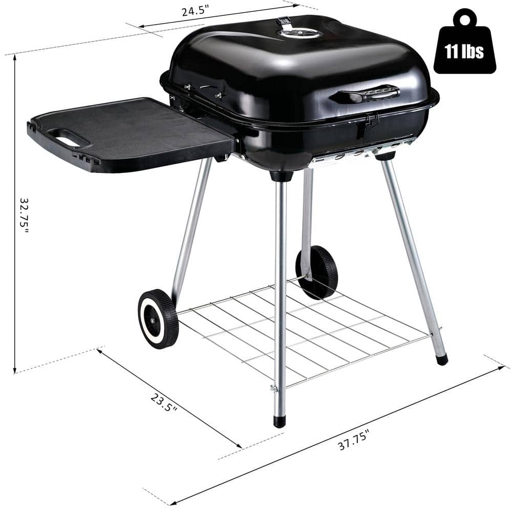 Portable Black Charcoal Grill with Smoker and Shelves