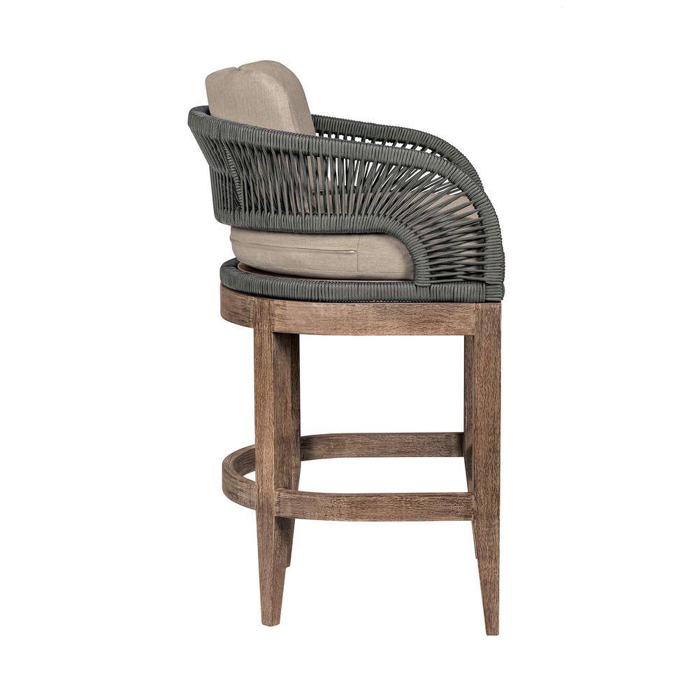 Orbit 30" Eucalyptus Wood Bar Stool with Taupe Cushions and Gray Rope