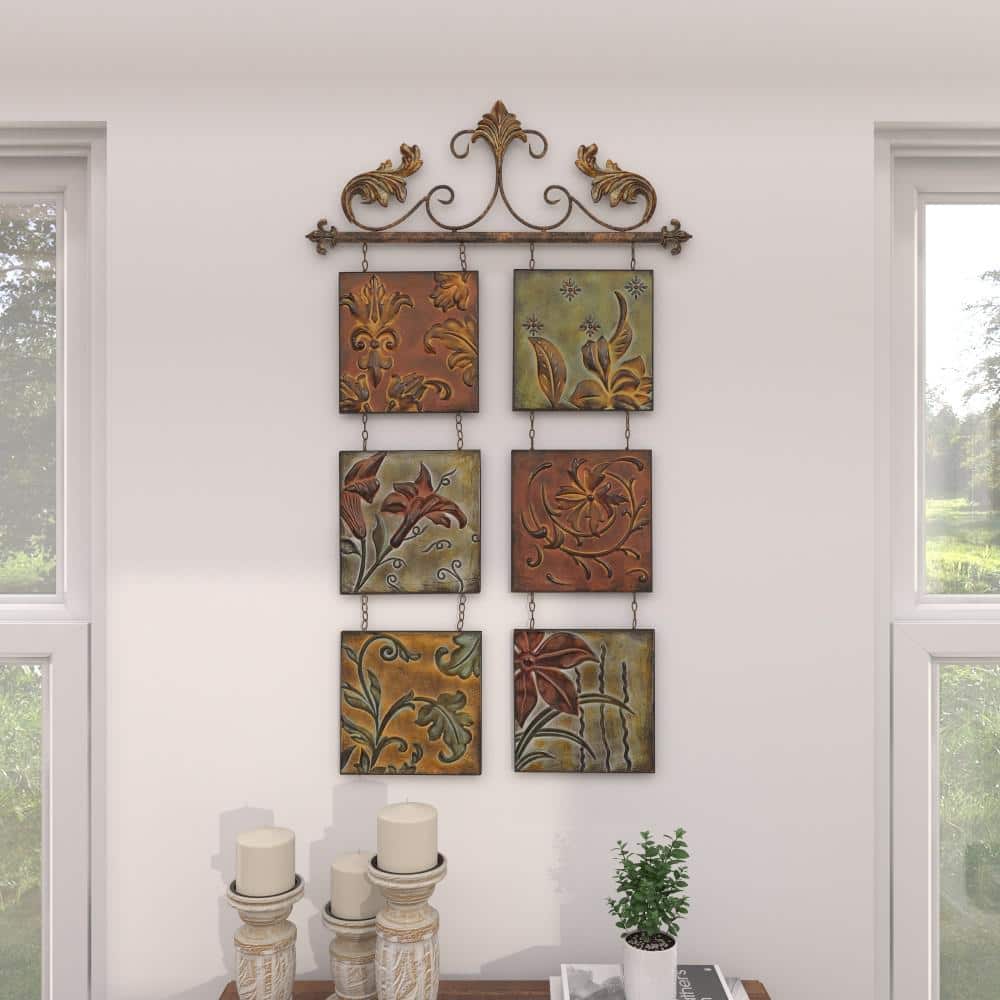 Multi-Colored Metal Botanical Wall Sculpture with Embossed Panels