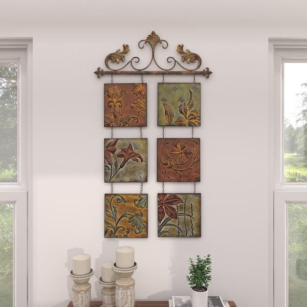 Litton Lane Metal Multi Colored 6 Suspended Panels Floral Wall Decor with Embossed Details