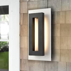 16 in. Matte Black Outdoor Hardwired Wall Lantern Sconce with White Rock Slab Integrated LED