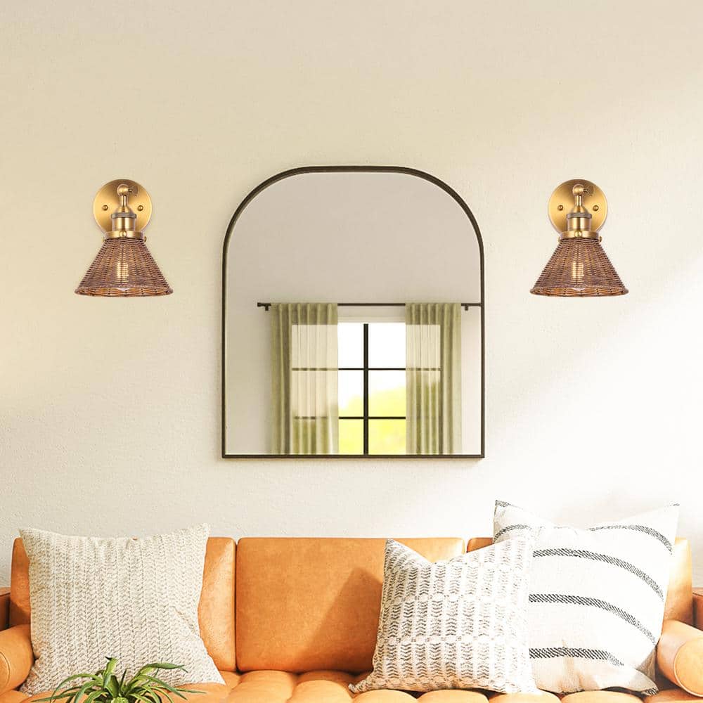 Brass and Rattan Swing Arm Wall Sconce with Woven Shade