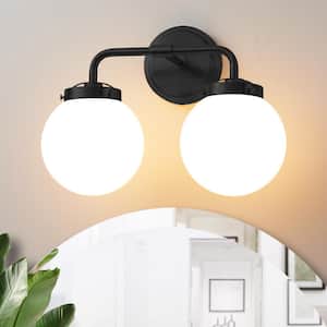 14.17 in. 2-Light Black Bathroom Vanity Light with Opal Glass Shades, Bulb not Included