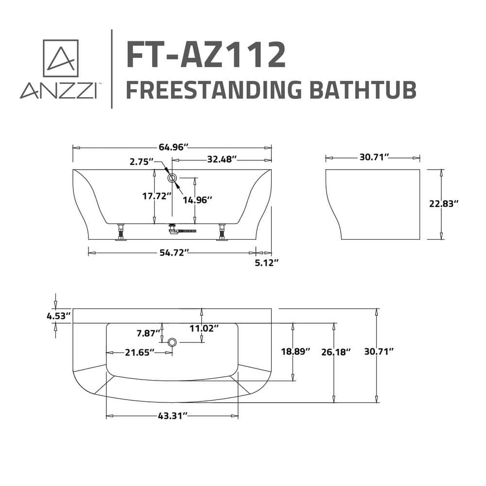 Glossy White 65'' Freestanding Acrylic Soaking Bathtub
