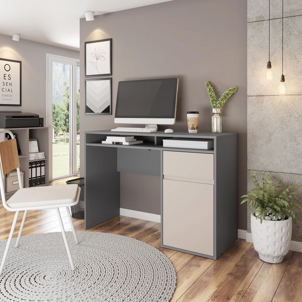 Gray Corner Wood Desk with Drawer and Shelves