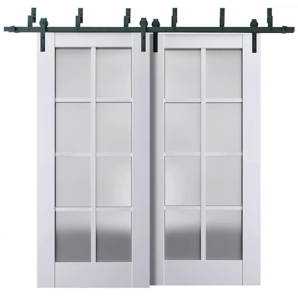Sartodoors 72 in. x 80 in. 2 Panel Frosted Glass White Solid Wood Sliding Barn Door with Hardware Kit