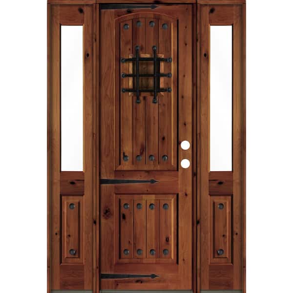 Krosswood Doors 58 in. x 96 in. Medit. Knotty Alder Left-Hand/Inswing Clear Glass Red Chestnut Stain Wood Prehung Front Door w/DHSL