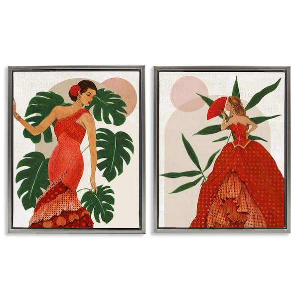 Tropical Fashionistas in Red by Janet Tava 2-Pieces Gray Floater Frame People Graphic Art Print 31 in. x 25 in.