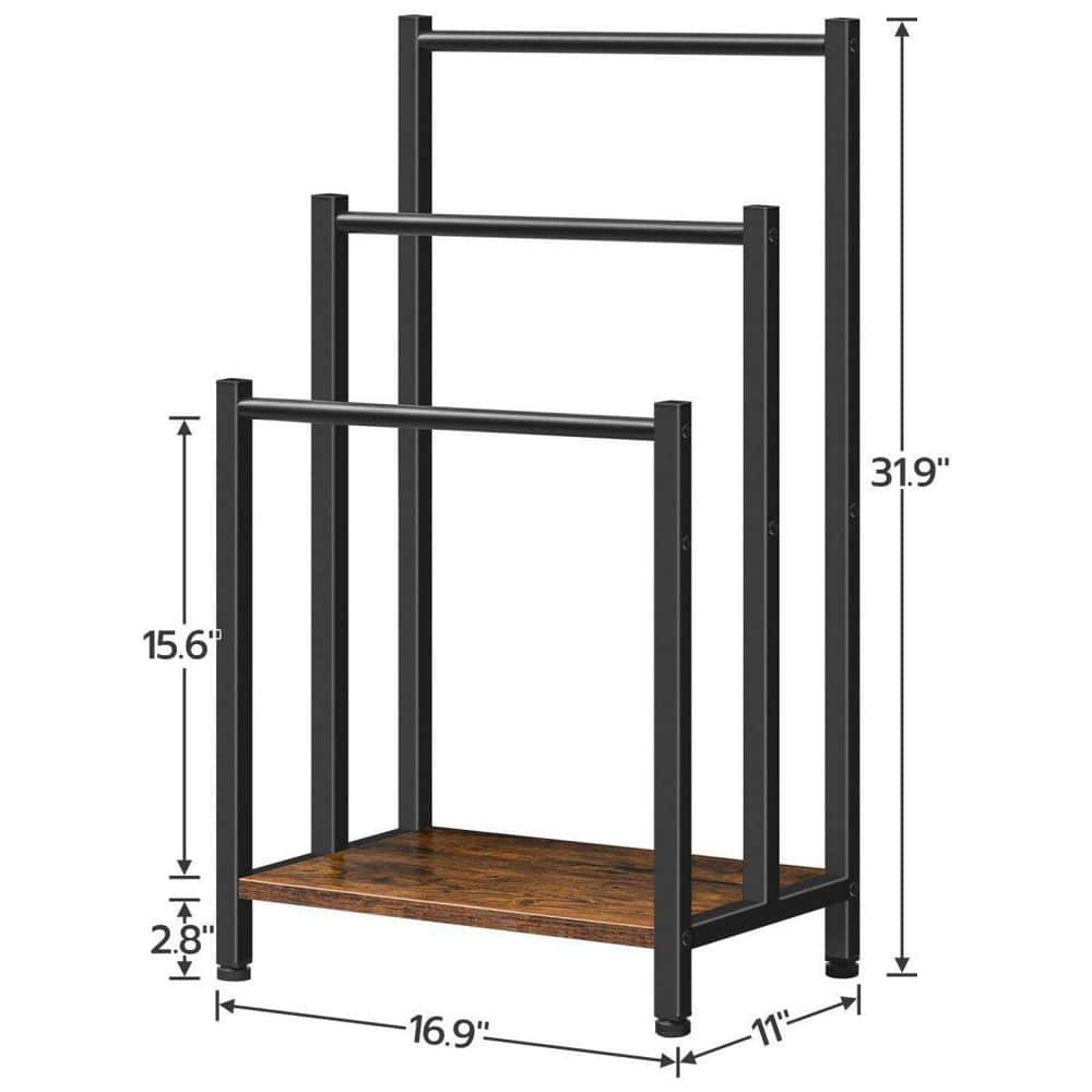 Matte Black Metal Freestanding Triple Towel Rack with Wooden Shelf