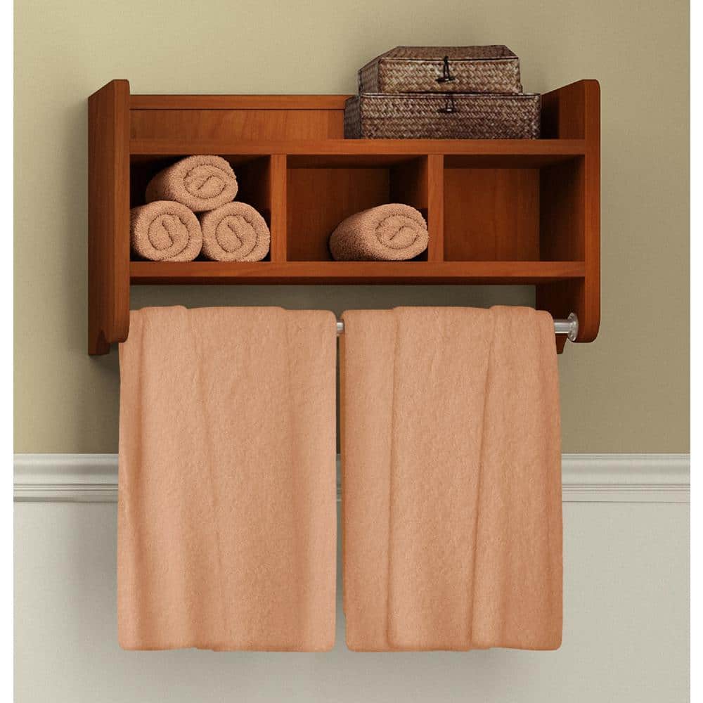 Chestnut Wood 25" Wall Mounted Bath Storage Shelf with Dual Towel Rods