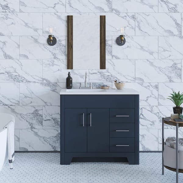 Home Decorators Collection Branine 36 in. W x 19 in. D x 33 in. H Single Sink Freestanding Bath Vanity in Deep Blue with White Cultured Marble Top
