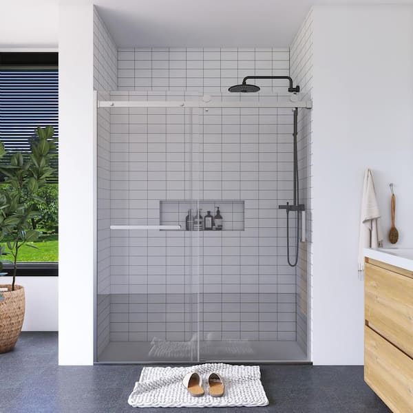 Boosicavelly Single Sliding Semi-Frameless Shower Door in Brushed Nickel Finish with Tempered Glass 60 in. W x 75 in. H