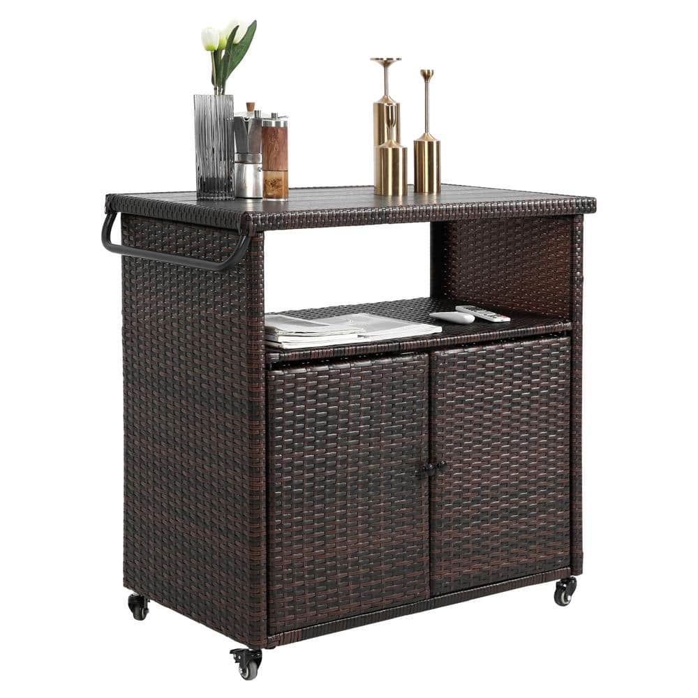 Light Brown Wicker Outdoor Bar Cart Patio Wine Serving Cart Rolling Rattan 