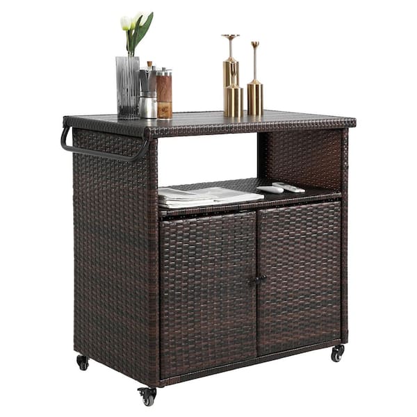 Unbranded Light Brown Wicker Outdoor Bar Cart Patio Wine Serving Cart Rolling Rattan Bar Counter Table with Wheels and Storage
