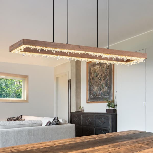 Angelo 1-Light Farmhouse Integrated LED Linear Wood Brown Crystal Chandelier Kitchen Island Pendant Light