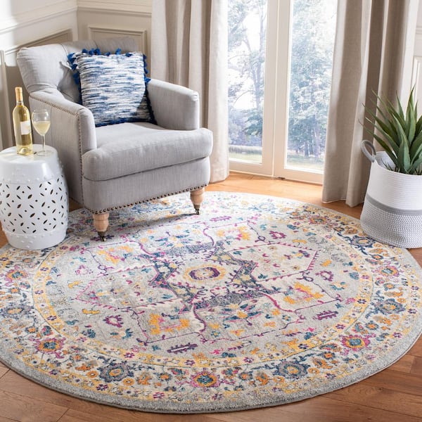 Evoke Gray 7 ft. x 7 ft. Round Medallion Border Area Rug