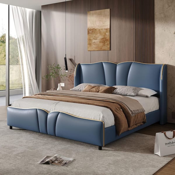 CHRISTOPHER KNIGHT HOME Parsi Antique Blue PU Leather Upholstered Wood Frame Queen Size Platform Bed with Wingback Headboard, Wavy Footboard
