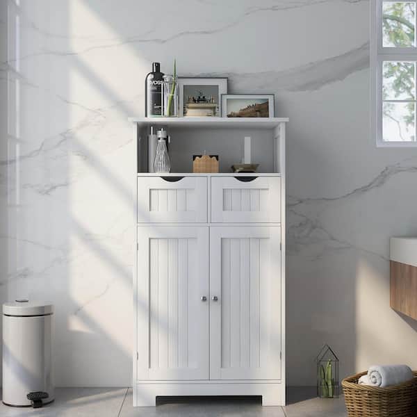 Unbranded 23.62 in. W x 11.42 in. D x 42.72 in. H White Bathroom Freestanding Linen Cabinet with 2-Drawers and Open Storage Shelf