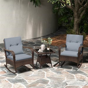Brown 3-Piece Metal Rectangle 20 in. Outdoor Bistro Set with CushionGuard Grey