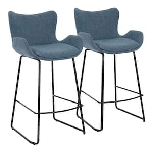 Tara 37 in. Blue Noise Fabric and Black Metal High Back Counter Stool (Set of 2)