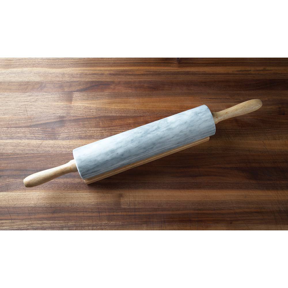 White Marble Rolling Pin with Wooden Handles and Base