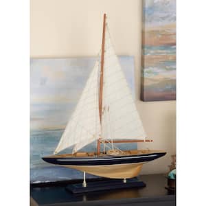 Beige Wood Sail Boat Sculpture with Navy Accents and Lifelike Rigging