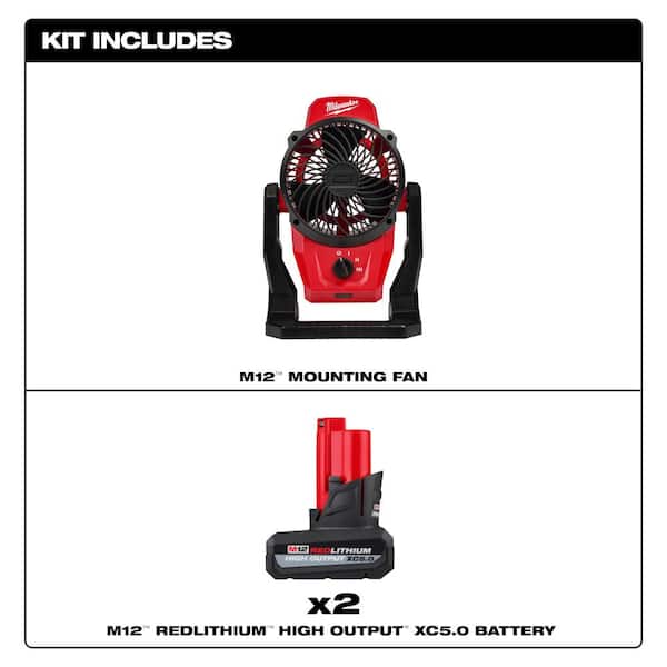 M12 12-Volt Lithium-Ion Cordless Jobsite Fan (Tool-Only) & M12 12V Lithium-Ion XC High Output 5 Ah Battery (2-Pack)