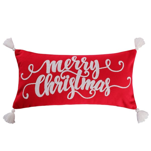 LEVTEX HOME Road Trip Red, White Merry Christmas Embroidered With Corner Tassels 12 in. x 24 in. Throw Pillow