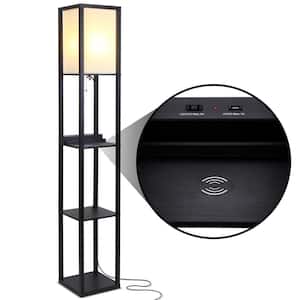 Maxwell 63 in. Black LED Skinny Shelf Floor Lamp with Wireless Charging USB Charging Ports and Outlet