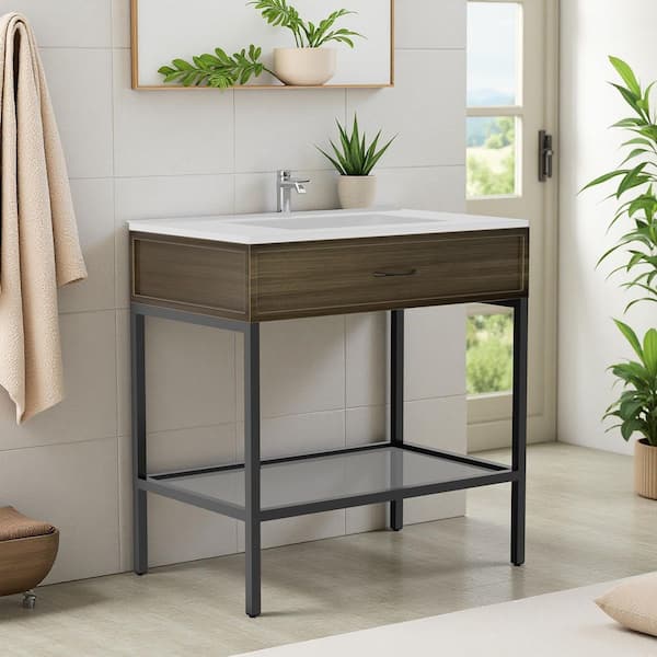 Arya 24 in. W Freestanding Single Sink White Bath Vanity with White Solid Surface Top and Black Legs