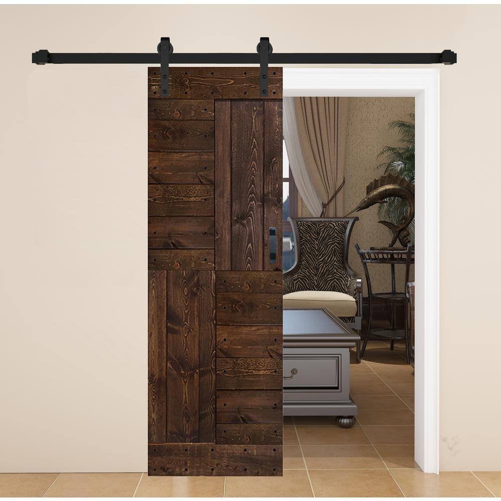 Kona Coffee Pine Paneled Sliding Barn Door with Track Kit