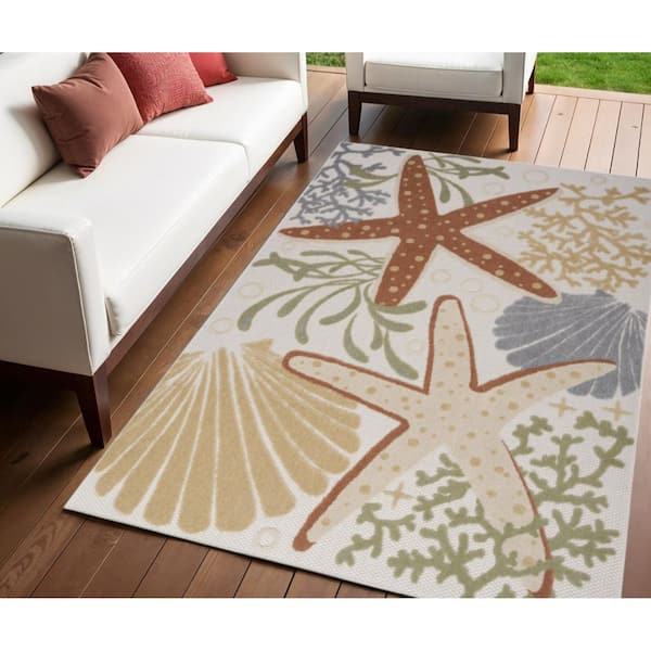 Ivory, Orange, Blue 4 ft. x  6 ft. Woven Abstract Polyester Runner Indoor/Outdoor Area Rug
