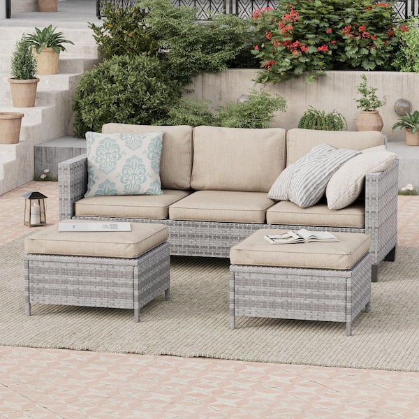 Sonkuki 3-Piece Grey Rattan Patio Sofa Set Outdoor Furniture Set 3-Seat Sofa Ottomans With Cushions, Linen Flax Beige