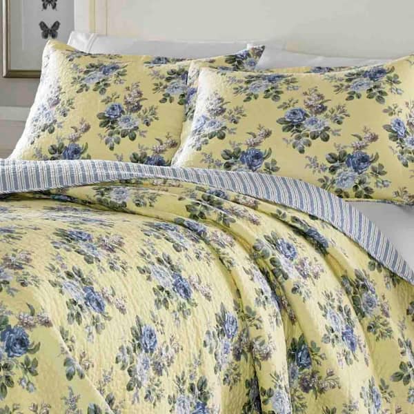 Laura Ashley キング Linley ベッドキルト3点セット イエロー Laura Ashley Linley 3-Piece Yellow Floral Cotton Full/Queen Quilt