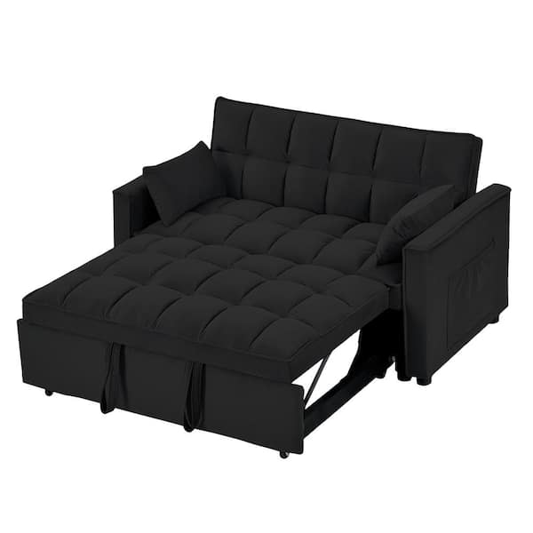 55.2 in. Black Twin 3 in 1 Velvet Convertible Sleeper Sofa Bed Couch w/Pull Out Bed Loveseat with Pillows & Side Pocket