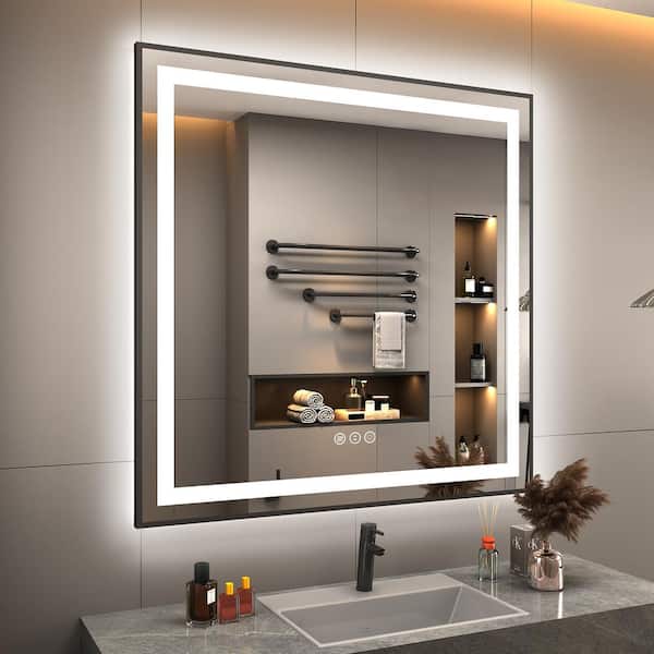 Apmir 36 in. W x 36 in. H Square Framed Front and Back LED Lighted Anti-Fog Wall Bathroom Vanity Mirror in Tempered Glass