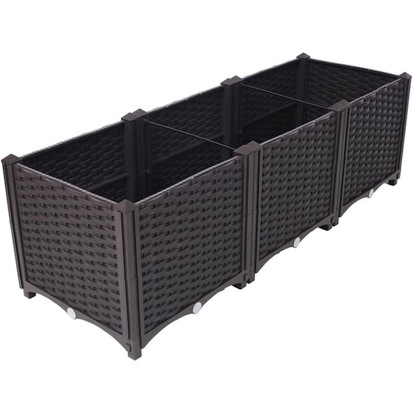 Zeus & Ruta 15.7 in. Brown Plastic Square Outdoor Raised Planter Boxe Self-Watering Planter Box Raised Bed to Grow Flowers (3-Pack)