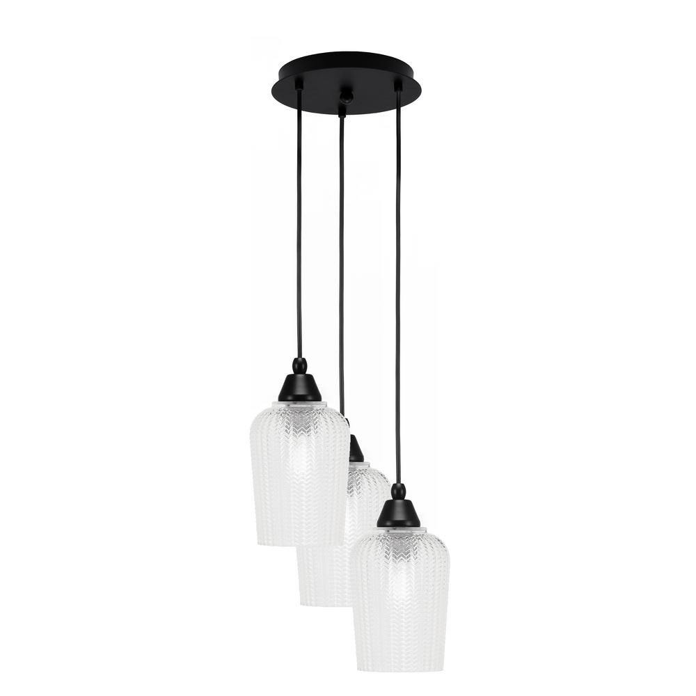 Savannah 11.25 in. 3-Light Matte Black Cord Pendant Light Clear Textured Gl