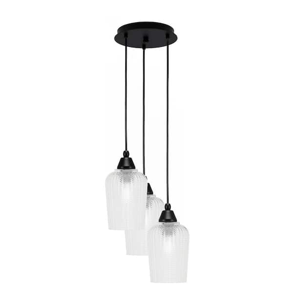 Unbranded Savannah 11.25 in. 3-Light Matte Black Cord Pendant Light Clear Textured Glass Shade