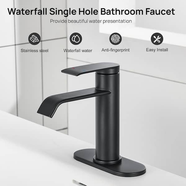 Single Hole Waterfall Spout Deck Mount Bathroom Sink Faucet with Pop Up Drain and Deck Plate in Matte Black