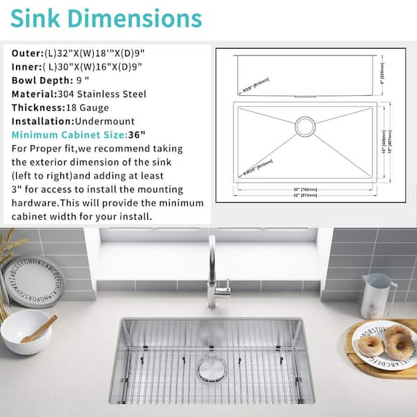 32 in. Undermount Single Bowl 18-Gauge Stainless Steel Kitchen Sink with  Faucet