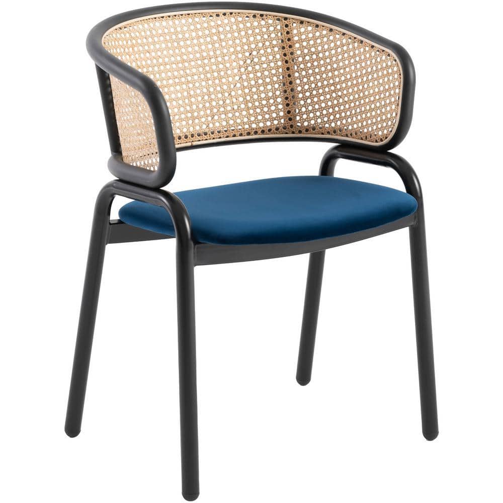 Front view of a navy blue velvet dining chair with woven back.