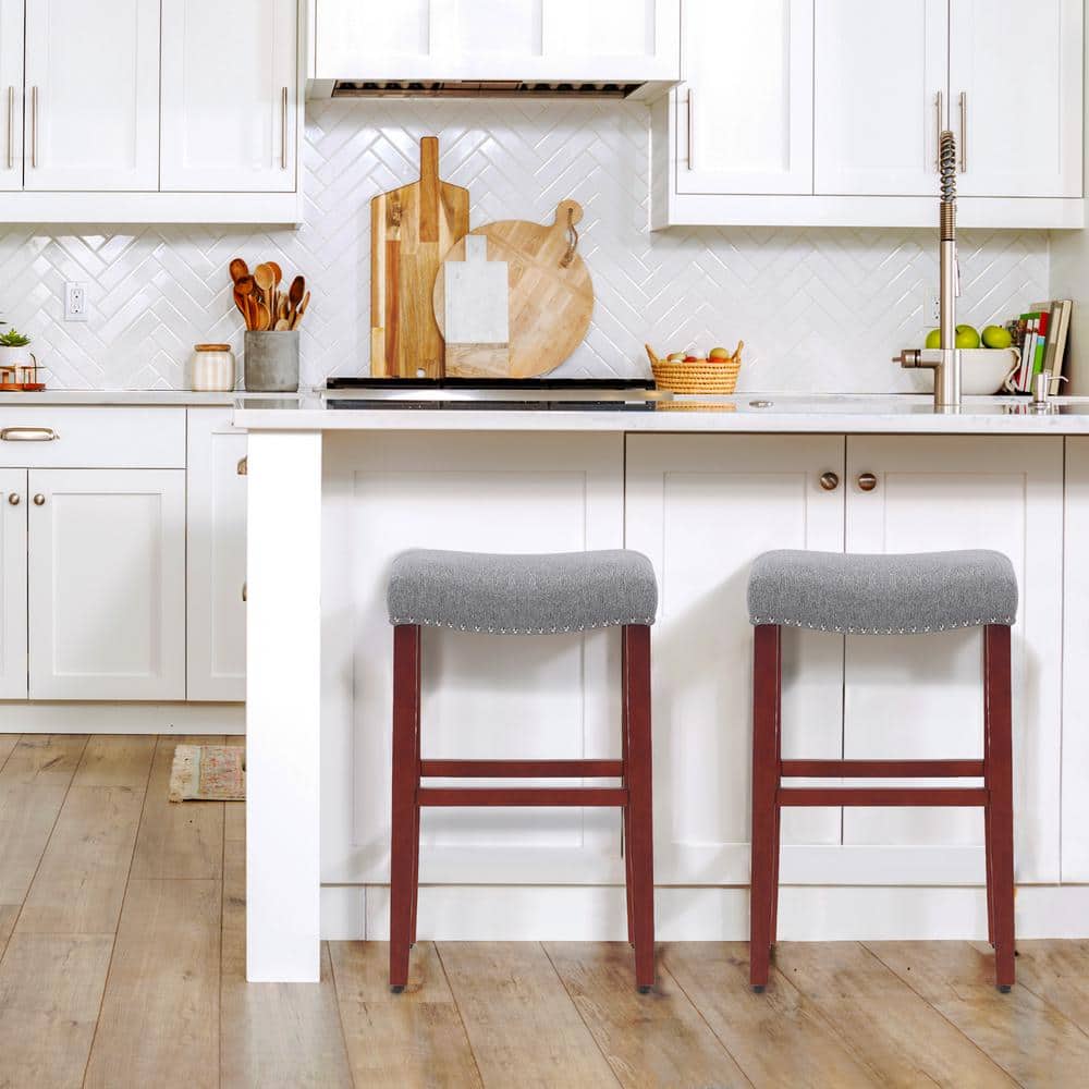 Cherry-Gray Saddle Seat 29" Bar Stool with Nailhead Trim - Set of 2